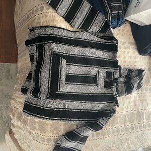 Black & White Striped Hooded Poncho Sweater